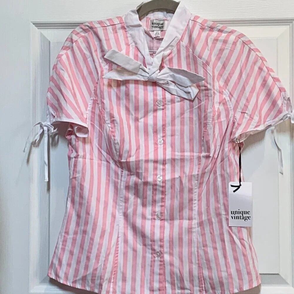 New! Unique Vintage Retro Striped Blous Pink & White Striped 1950s Large # 0188